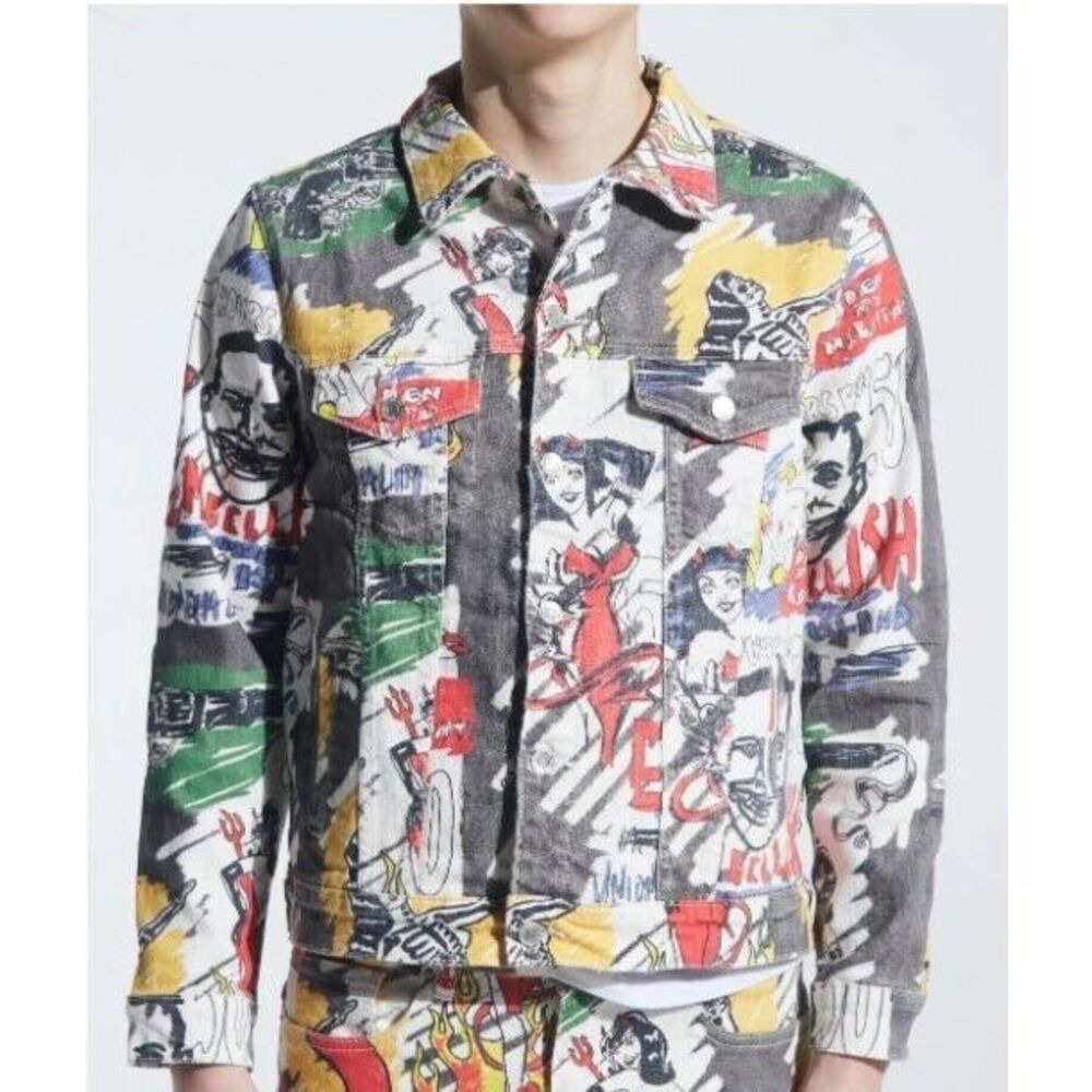 Embellish NY Midnight Denim Trucker‎ Jean Jacket Mens Size XL Graphic Pop Art
